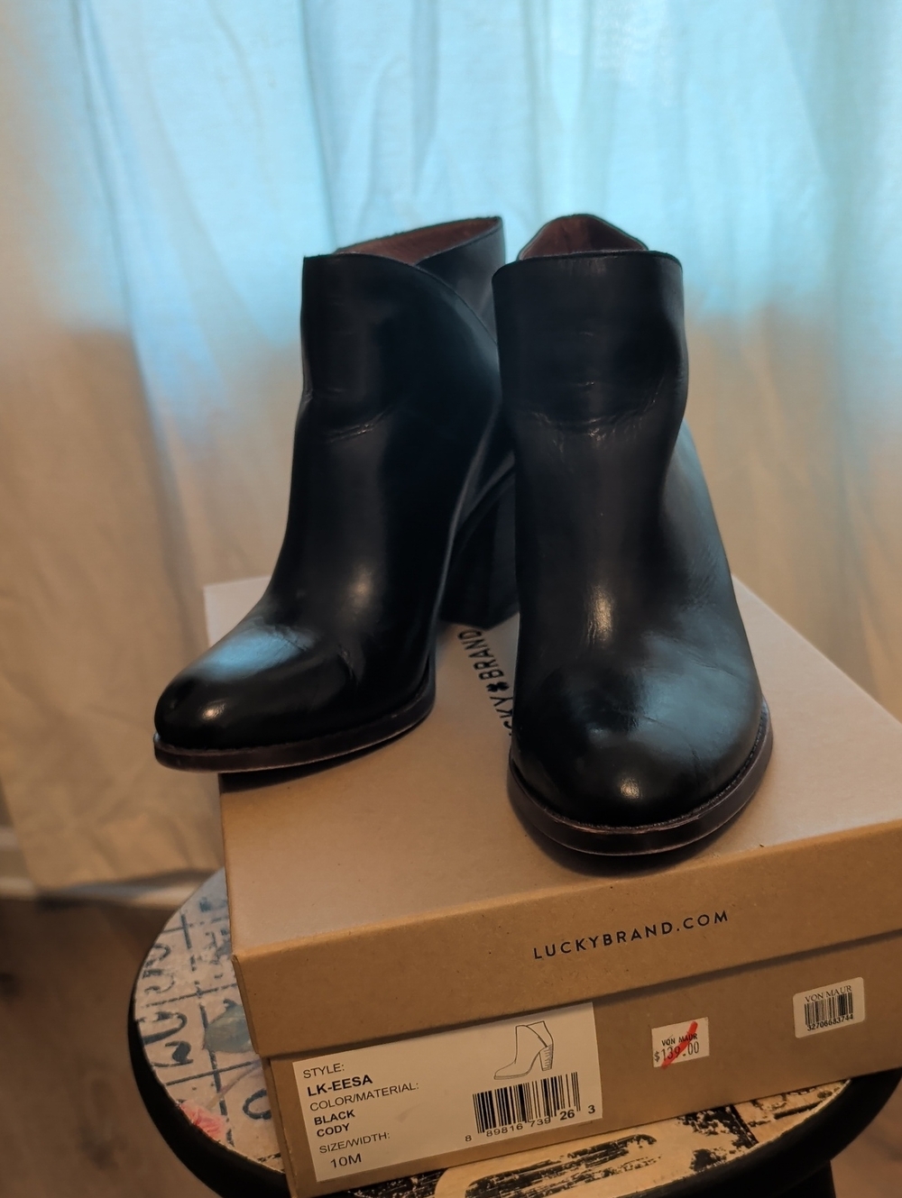 Lucky Brand Black Leather Ankle Booties with Block Heel